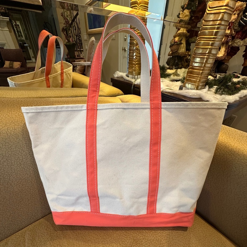 LL BEAN Large Canvas Boat and Tote Regular Handle Peach Trim